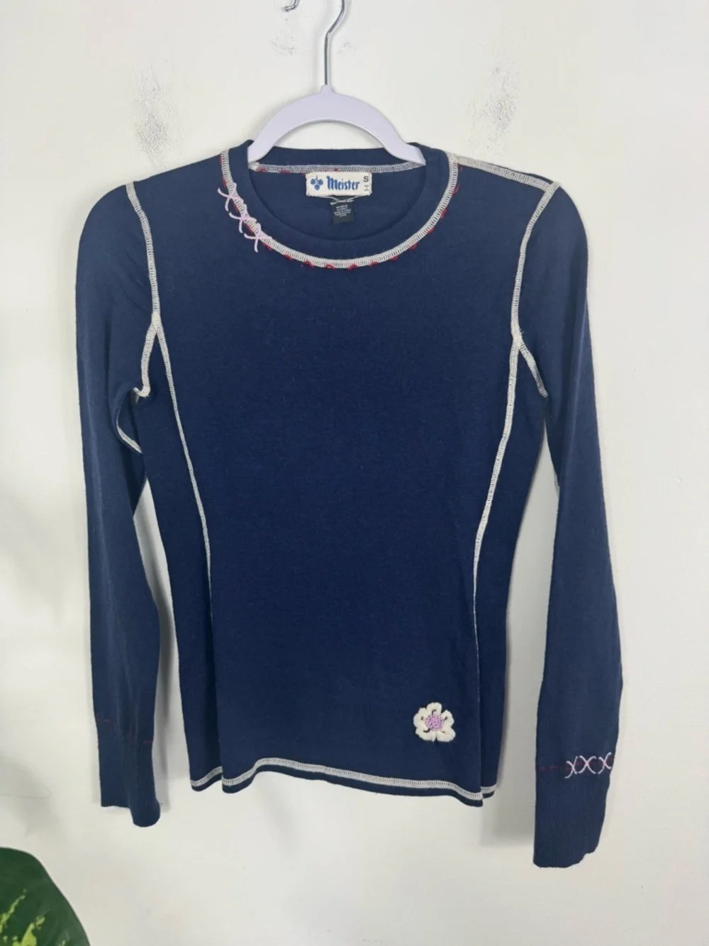 Meister Merino Wool Navy Blue White Trim Vintage Sweater Size Small